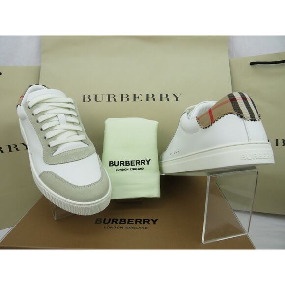 NIB BURBERRY ROBIN WHITE BEIGE CHECK LEATHER LOW LOGO SNEAKERS US 7 40 IT $870 - Picture 1 of 13